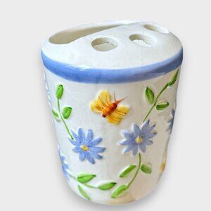 Vintage Ceramic Toothbrush Holder White Floral Butterfly 3D Holds 3 Brushes READ